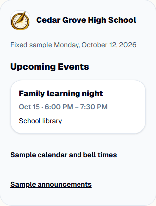 Cedar Grove High School limited app events preview showing Family Learning Night.