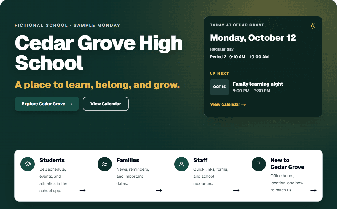 Cedar Grove High School website showing the sample school day and Family Learning Night.